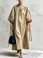 Khaki Drawstring Balloon Sleeve Loose Maxi Dress