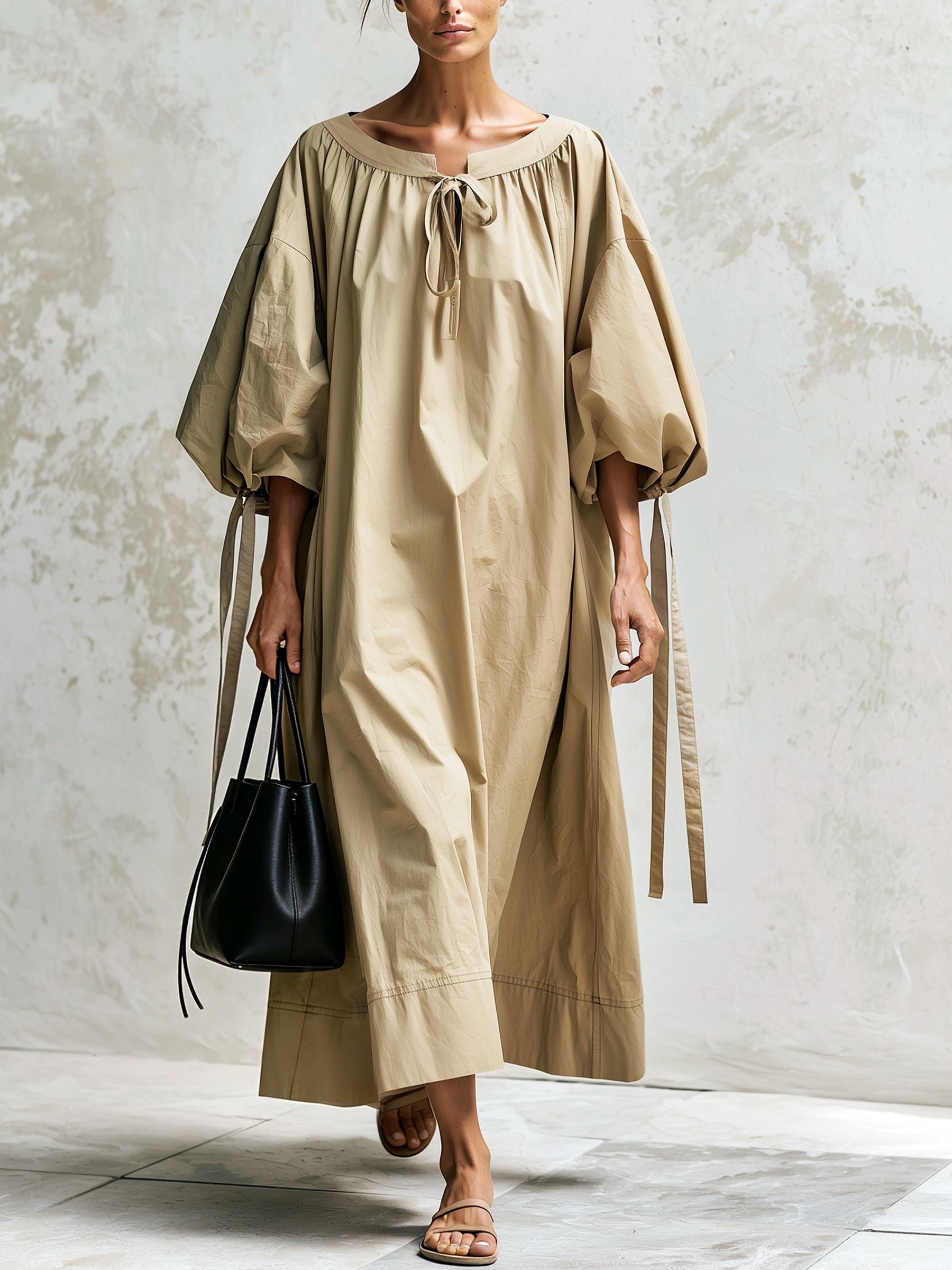 Khaki Drawstring Balloon Sleeve Loose Maxi Dress