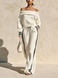 Women Off Shoulder Striped Knit Tracksuit 2 Piece Outfit, Cream Oversized Foldover Neck Top Side Stripe Wide Leg Pants Quiet Luxury Loungewear Matching Set