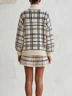 Quarter Zip Puff Sleeve Grid Knit Sweater & Pleated Mini Skirt Matching Two Piece Outfit