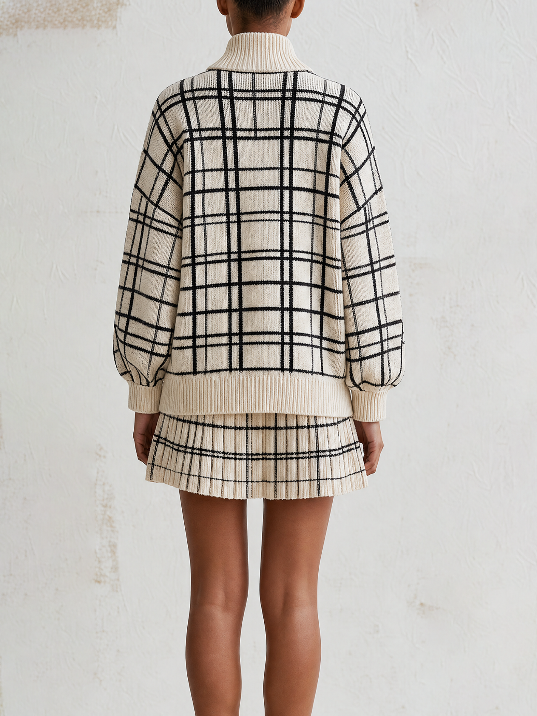 Quarter Zip Puff Sleeve Grid Knit Sweater & Pleated Mini Skirt Matching Two Piece Outfit