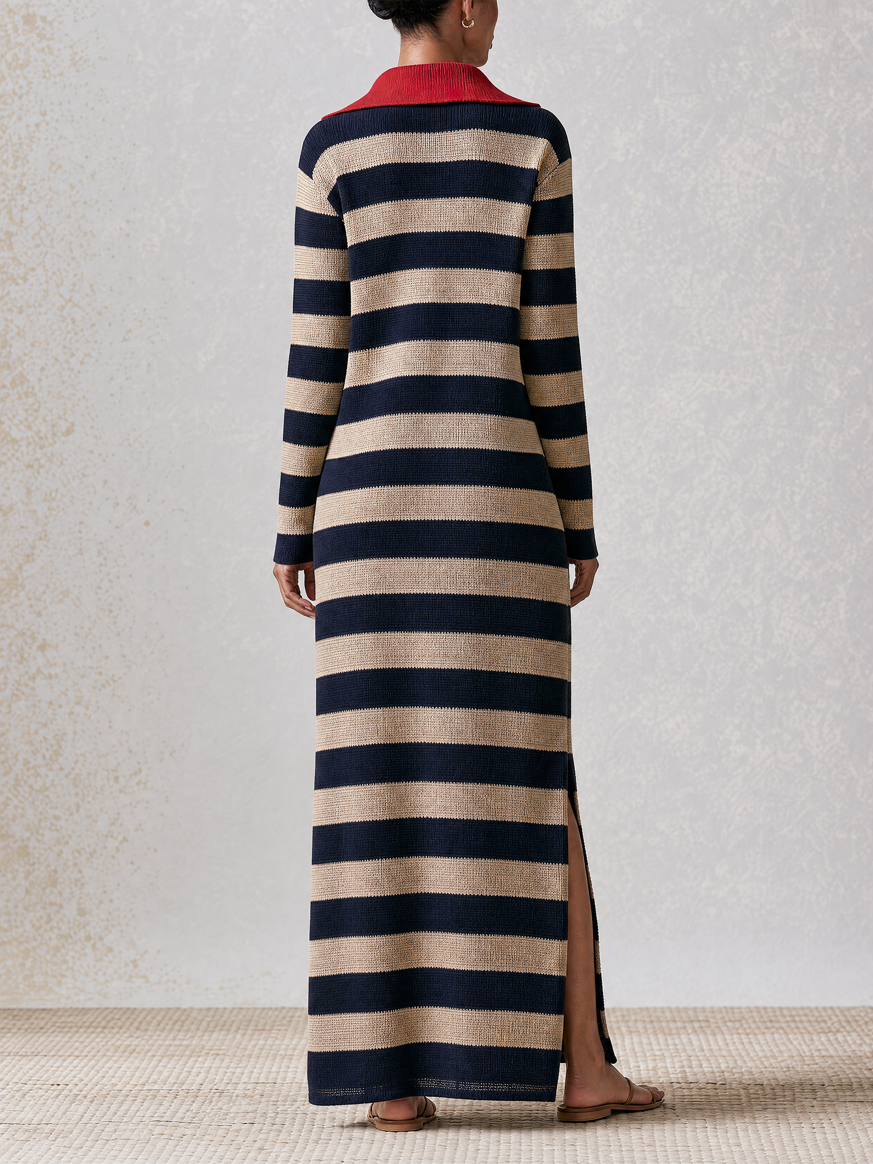 Contrast Red Collar Striped Knit Maxi Dress, Long Sleeve Side Slit Bodycon Polo Midi Dress For Resort & Casual Outings