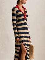 Contrast Red Collar Striped Knit Maxi Dress, Long Sleeve Side Slit Bodycon Polo Midi Dress For Resort & Casual Outings
