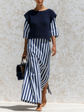 Navy Knit Vest & Vertical Stripe Midi Dress Two-Piece Set