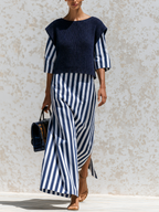 Navy Knit Vest & Vertical Stripe Midi Dress Two-Piece Set