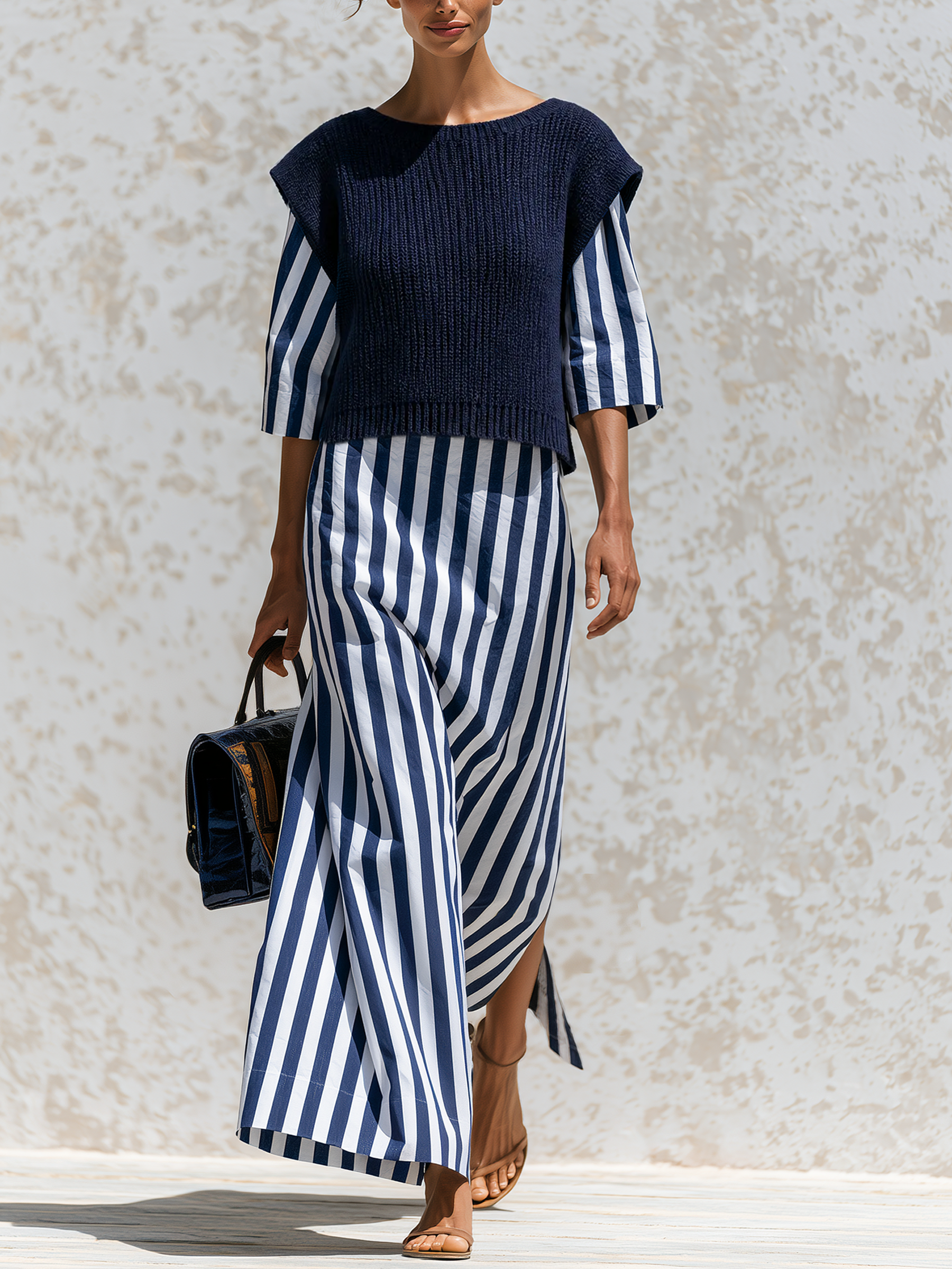 Navy Knit Vest & Vertical Stripe Midi Dress Two-Piece Set