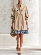 Khaki Utility Shirt Dress With Stripe Ruffle Hem