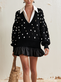 Sequin Embellished V-Neck Knit Sweater Layered Shirt Collar Ruffle Mini Dress