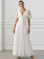 V-Neck Puff Sleeve Polka Dot Ruffle Maxi Dress