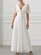 V-Neck Puff Sleeve Polka Dot Ruffle Maxi Dress