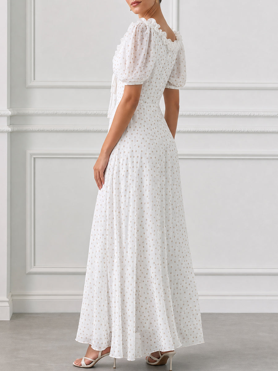 V-Neck Puff Sleeve Polka Dot Ruffle Maxi Dress