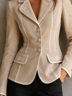 Vintage Beige Linen Blend Embroidery Contrast Stitch Fitted Blazer