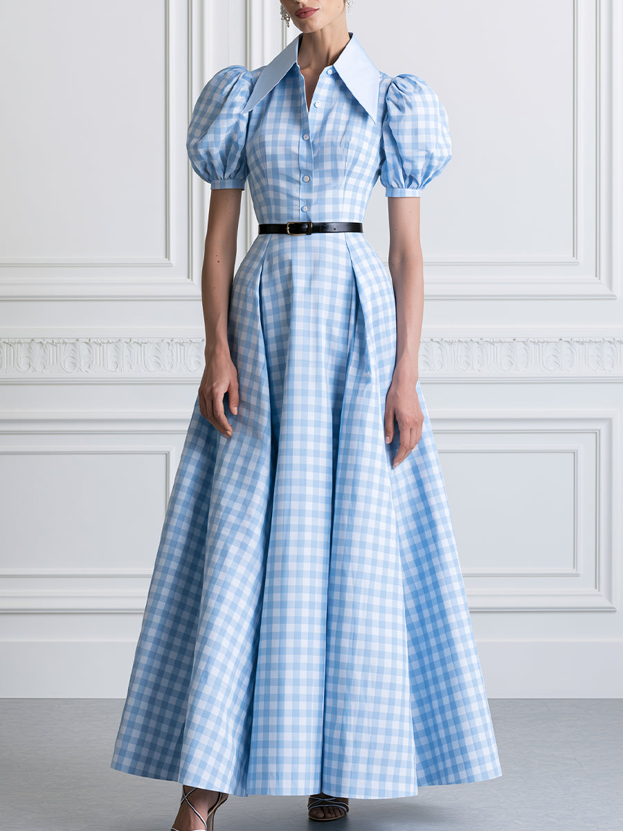 Gingham Check Puff Sleeve Maxi Shirt Dress with Belt