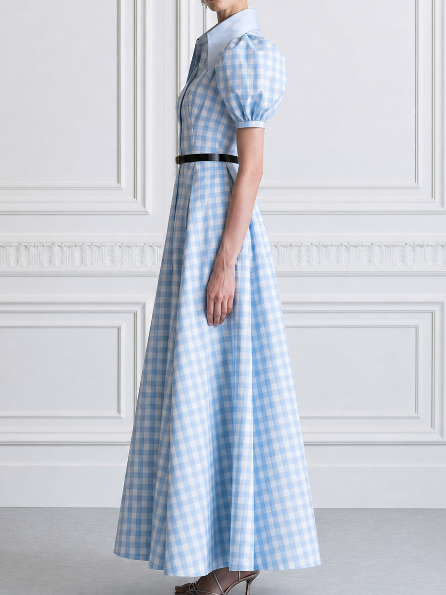 Gingham Check Puff Sleeve Maxi Shirt Dress with Belt