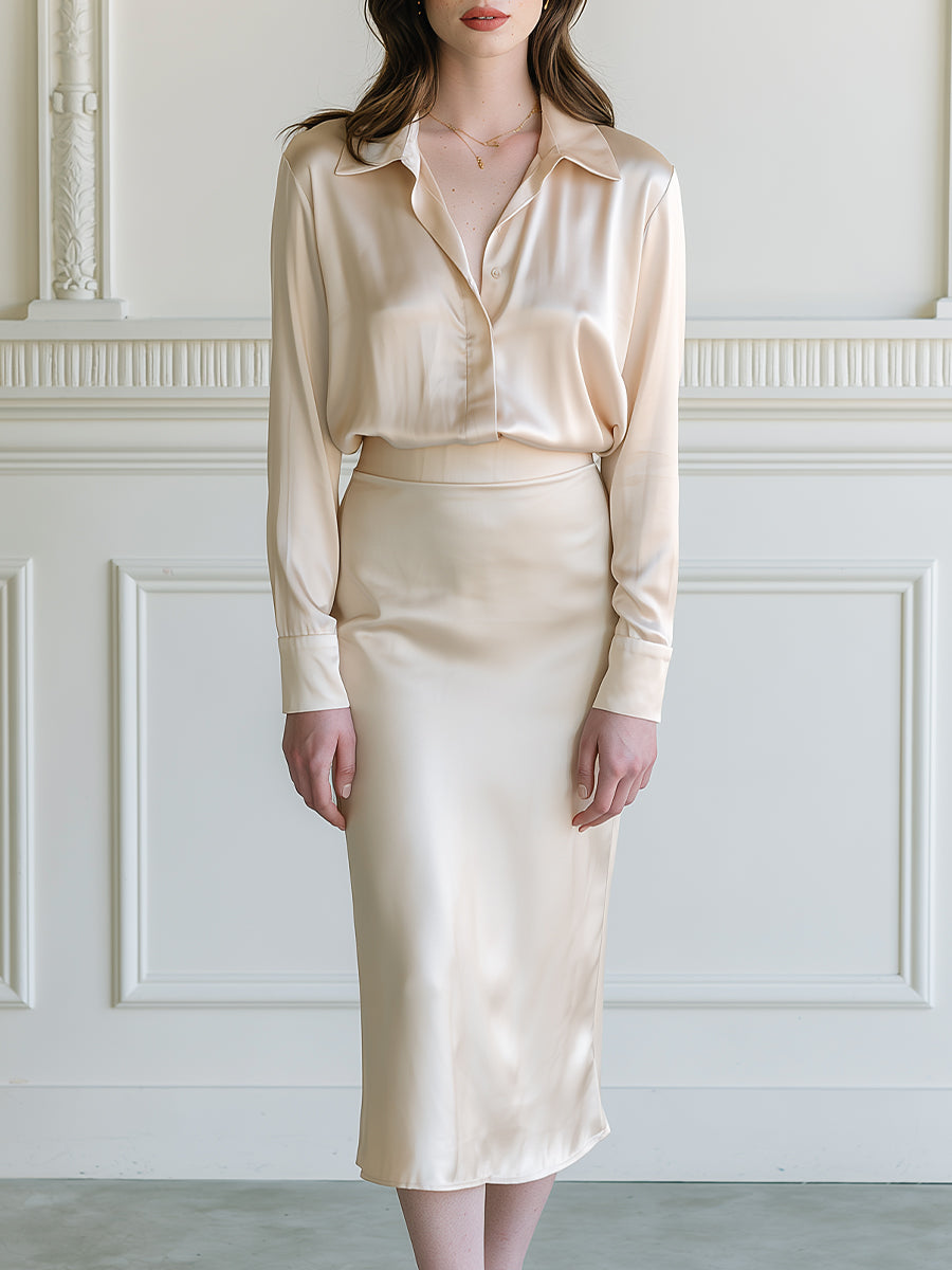 Satin Point-Collar Long-Sleeve Blouse & Bias-Cut Midi Skirt Two-Piece Set