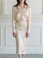 Satin Point-Collar Long-Sleeve Blouse & Bias-Cut Midi Skirt Two-Piece Set