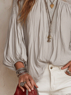 Boho Smocked High Neck Lace Trim Long Sleeve Blouse