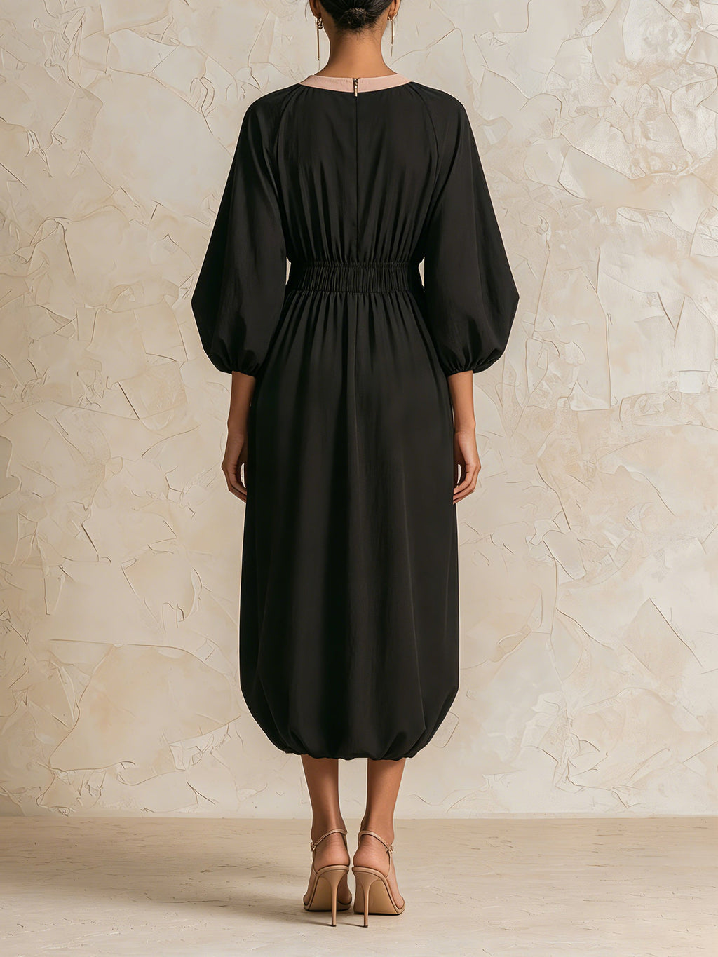Women’s Black Nude Color Block Midi Dress, Front Zip Long Sleeve Elastic Waist Patch Pocket Casual Luxury Dress