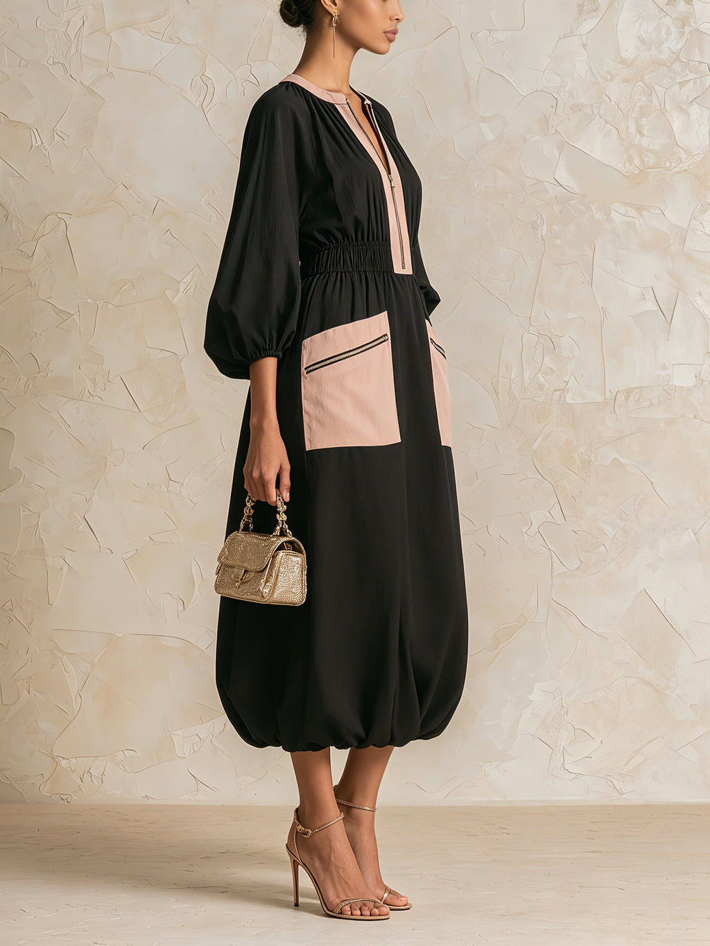 Women’s Black Nude Color Block Midi Dress, Front Zip Long Sleeve Elastic Waist Patch Pocket Casual Luxury Dress
