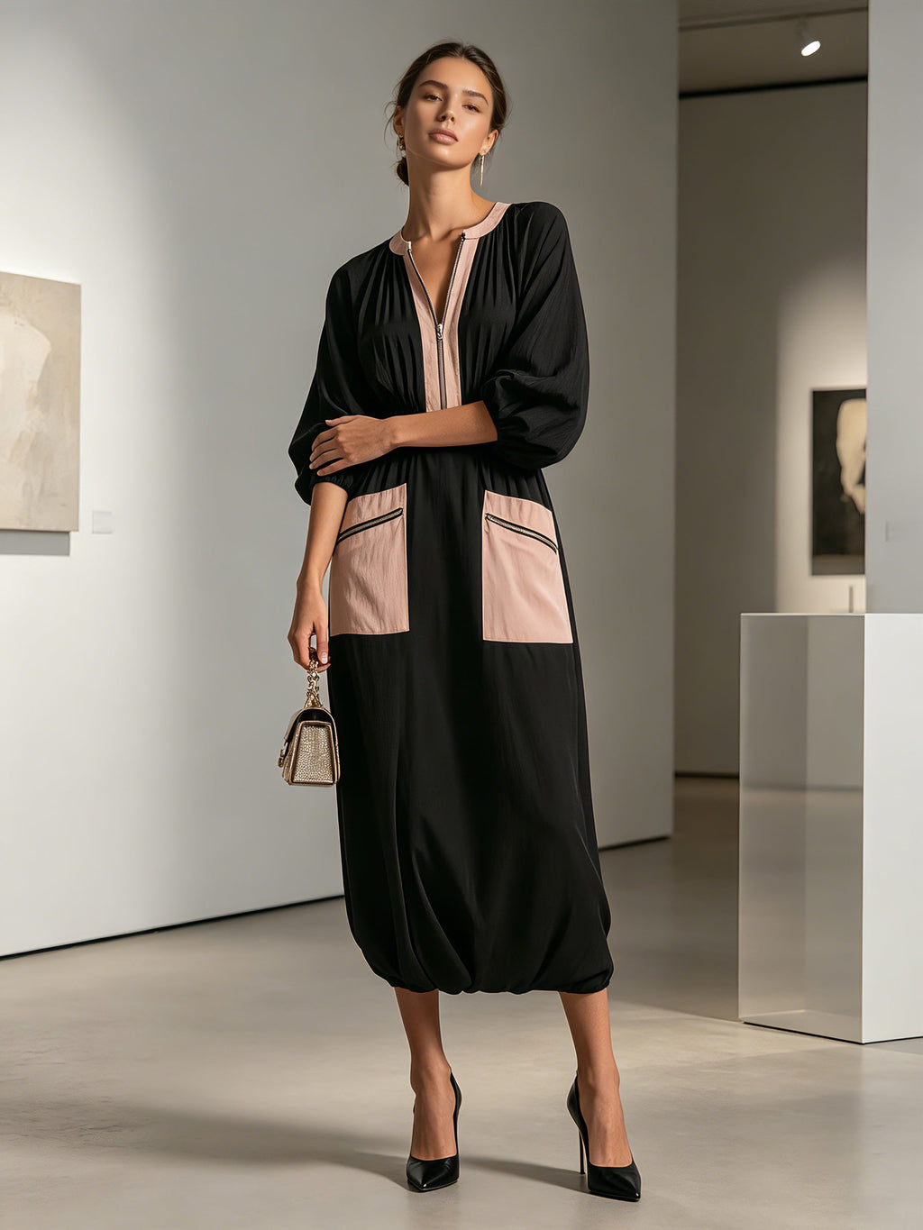 Women’s Black Nude Color Block Midi Dress, Front Zip Long Sleeve Elastic Waist Patch Pocket Casual Luxury Dress