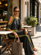 Lime Trim Cold Shoulder Crop Top & Wide Leg Pant Matching Two Piece Casual Set
