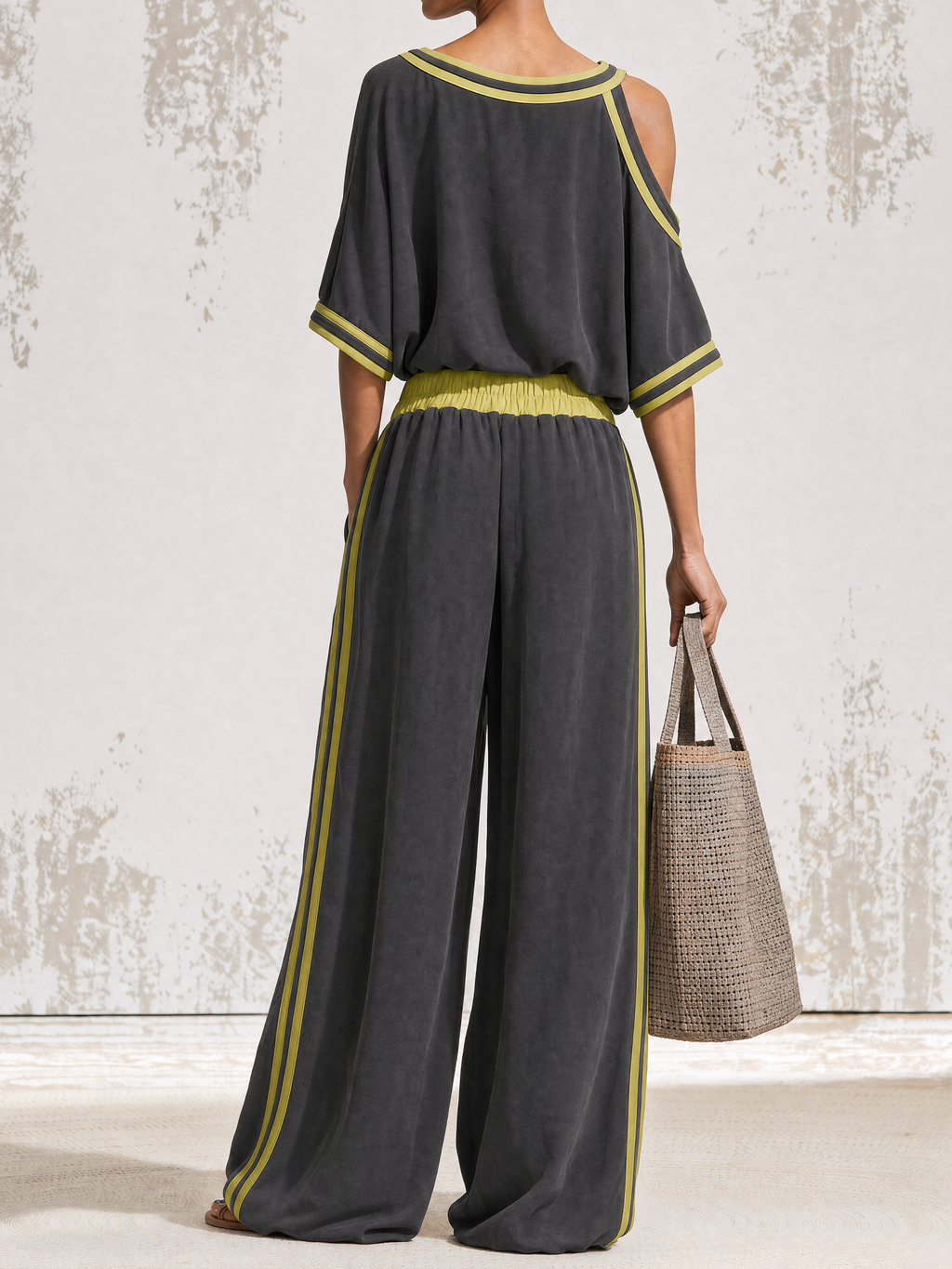 Lime Trim Cold Shoulder Crop Top & Wide Leg Pant Matching Two Piece Casual Set
