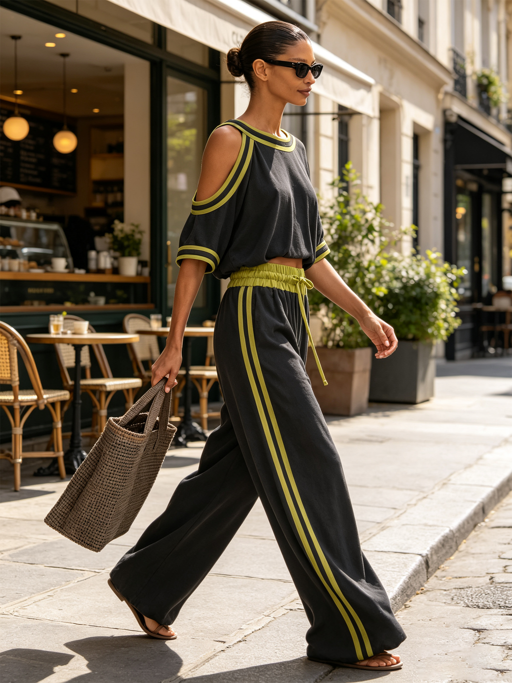 Lime Trim Cold Shoulder Crop Top & Wide Leg Pant Matching Two Piece Casual Set