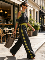 Lime Trim Cold Shoulder Crop Top & Wide Leg Pant Matching Two Piece Casual Set
