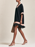 Blush Pink Contrast Rib V-Neck Loose Mini Tulle Hem Tunic Dress