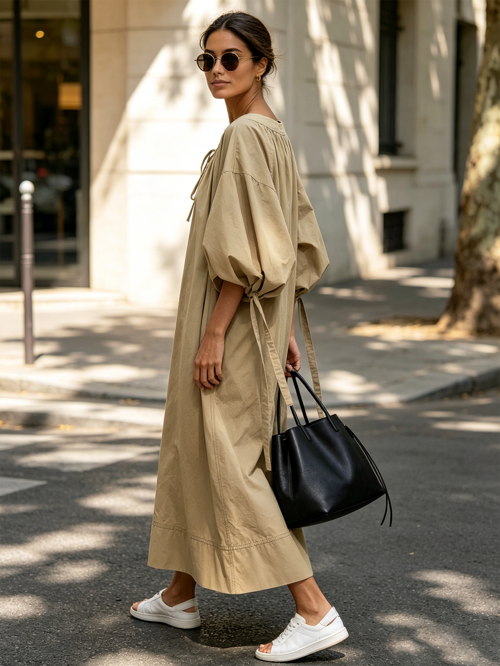 Khaki Drawstring Balloon Sleeve Loose Maxi Dress