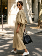 Khaki Drawstring Balloon Sleeve Loose Maxi Dress