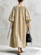 Khaki Drawstring Balloon Sleeve Loose Maxi Dress