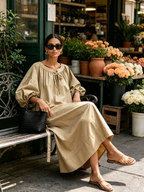 Khaki Drawstring Balloon Sleeve Loose Maxi Dress