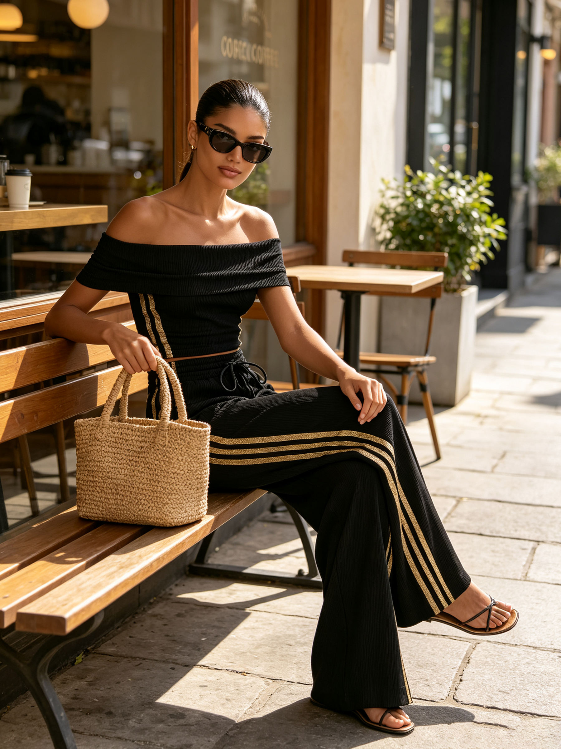 Off Shoulder Ribbed Crop Top & Glitter Gold Side Stripe Wide Leg Pant Matching Two Piece Set