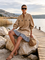 Khaki Utility Shirt Dress With Stripe Ruffle Hem