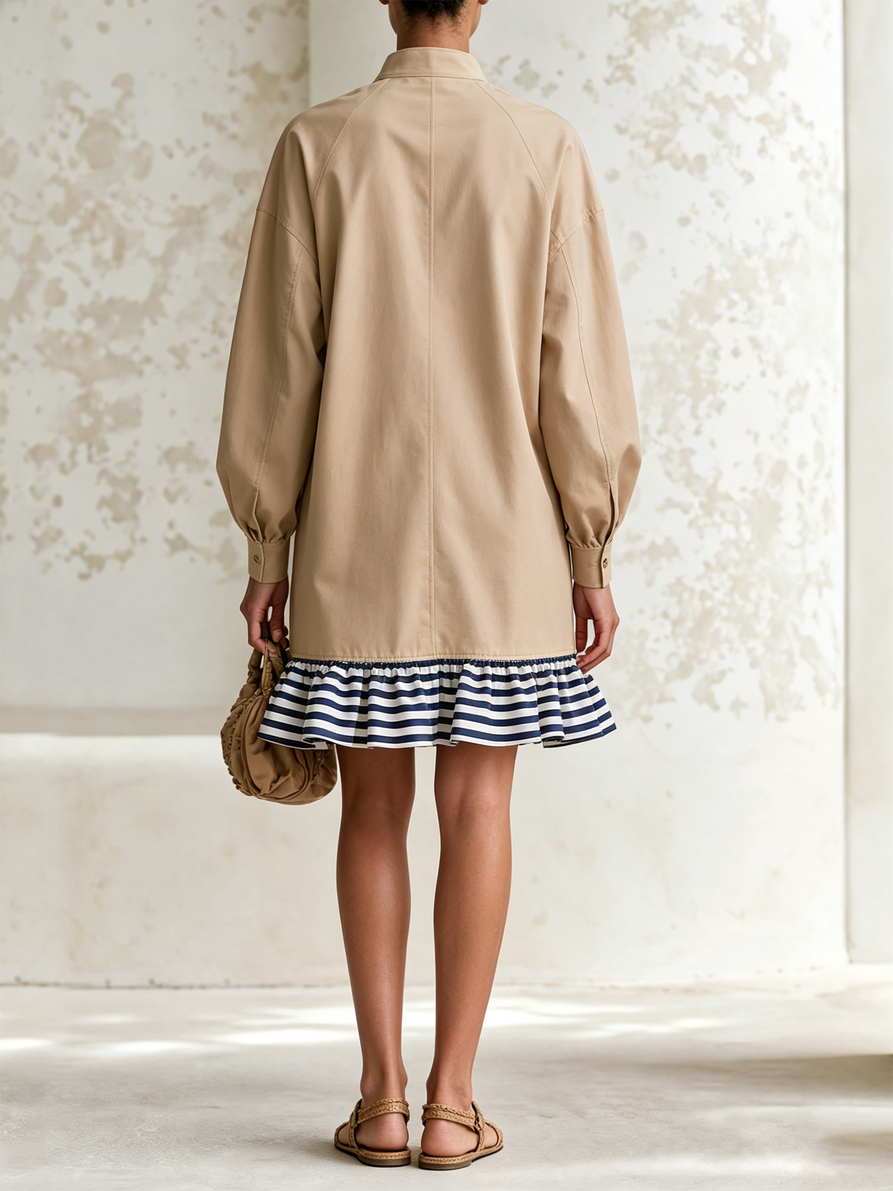 Khaki Utility Shirt Dress With Stripe Ruffle Hem