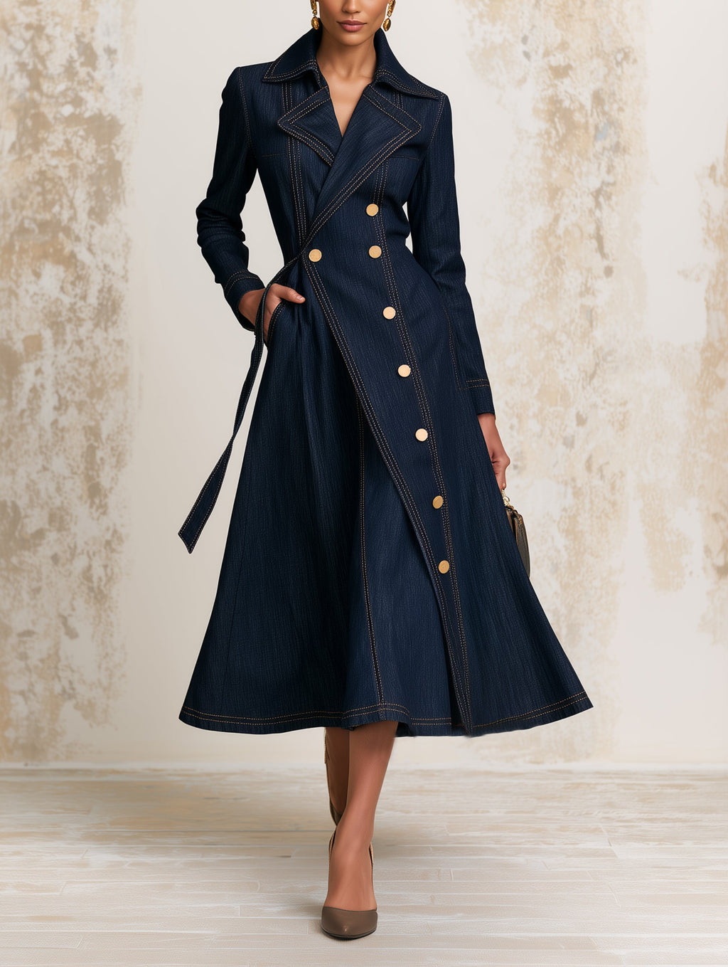 Elegant Navy Denim Trench Dress Coat