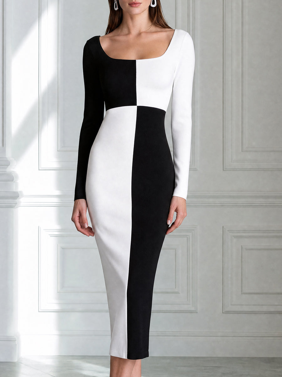 Black And White Color Block Long Sleeve Midi Bodycon Dress