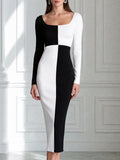 Black And White Color Block Long Sleeve Midi Bodycon Dress