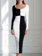 Black And White Color Block Long Sleeve Midi Bodycon Dress