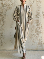 Striped Knit Maxi Dress With Stand Collar