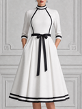White Dress Contrast Trim Bow Belt A-Line Midi Dress