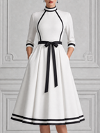 White Dress Contrast Trim Bow Belt A-Line Midi Dress