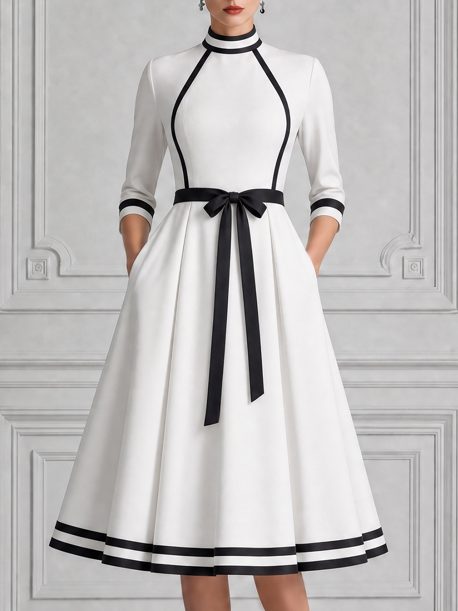 White Dress Contrast Trim Bow Belt A-Line Midi Dress