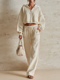Women's Casual Luxury Lounge Set – Textured Hooded Jacket And Wide Leg Trousers