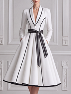 White Dress Contrast Trim Bow Belt A-Line Midi Dress
