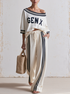 Off Shoulder Striped Collar GEN X Matching Sweatshirt & Side Stripe Wide Leg Pants Two Piece Set