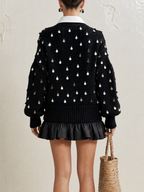 Sequin Embellished V-Neck Knit Sweater Layered Shirt Collar Ruffle Mini Dress