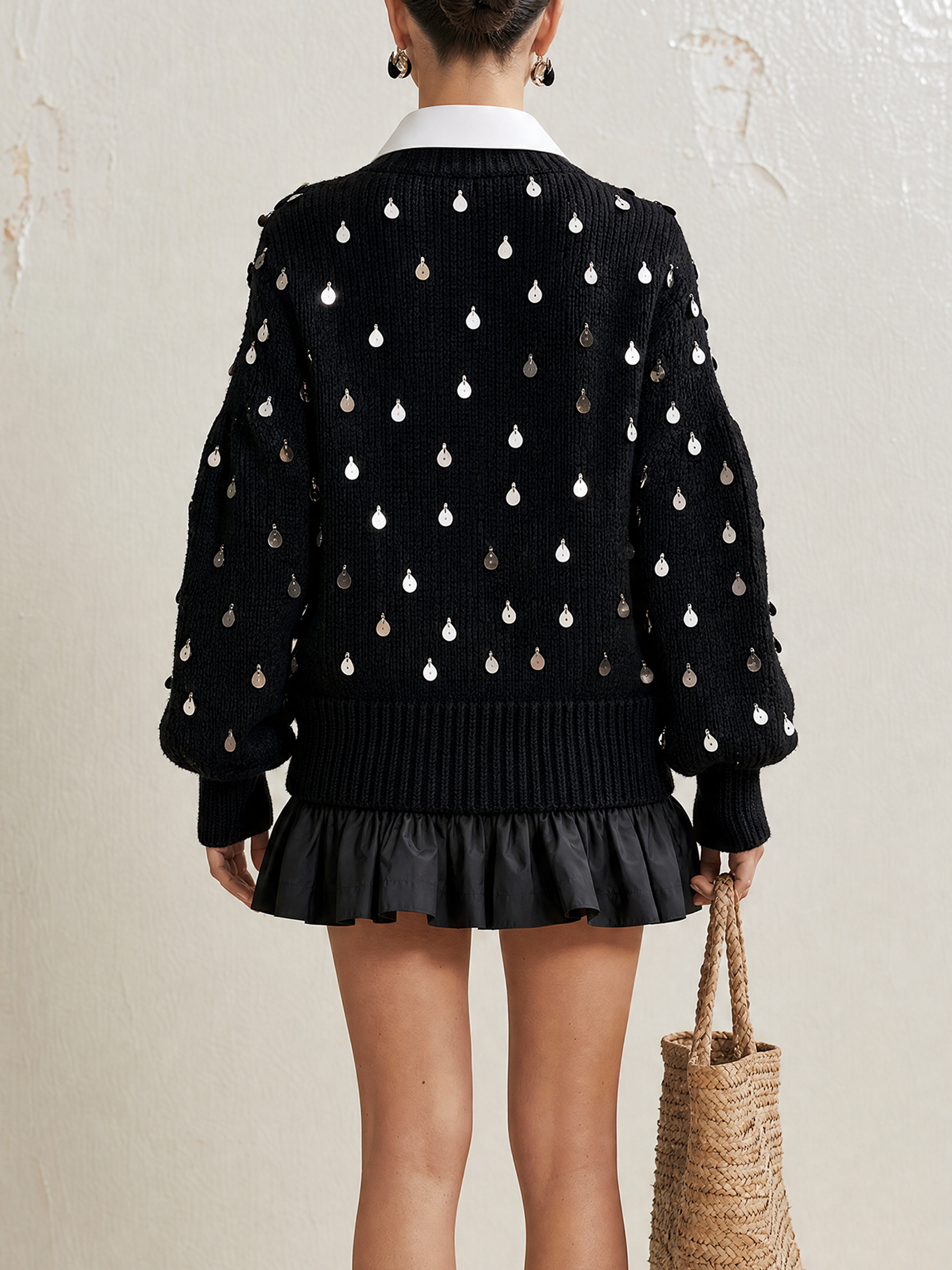 Sequin Embellished V-Neck Knit Sweater Layered Shirt Collar Ruffle Mini Dress