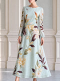 Light Mint Floral Print Long Sleeve Midi A-line Dress